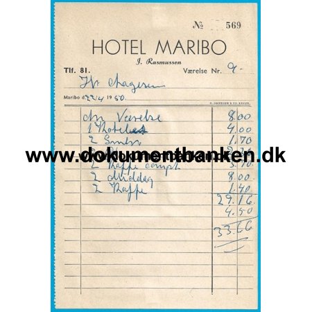 Hotel Maribo, Regning, 23 april 1950