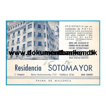 Residencia Sotomayor, Palma de Mallorca, Spanien, Hotelkort, 16 juli 1956