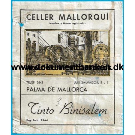 Celler Mallorqui, Palma de Mallorca, Tinto Binissalem, Vinetiket, 15 juli 1956