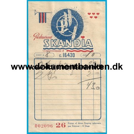 Restaurant Skandia Vesterbrogade 2, Regning, 10 juni 1942