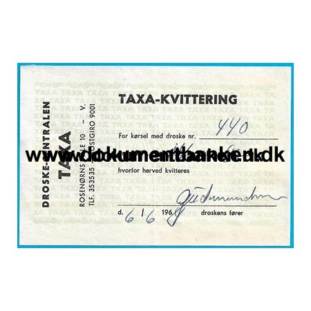 Taxa-Kvittering Droske-Centralen 1964 