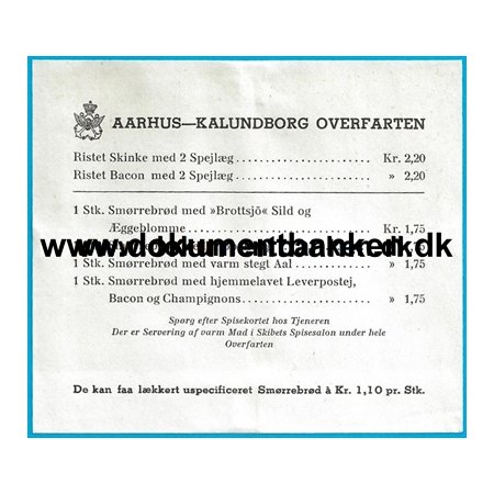 Prisliste for Smrrebrd Kalundborg - Aarhus overfarten 1952
