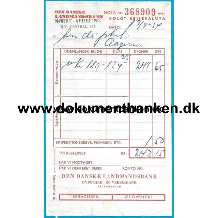 Den Danske Landmandsbank Rejsevaluta Regning 1954