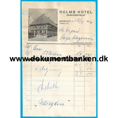 Holms Hotel Hjskolehotellet Middelfart Regning 1956