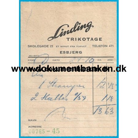 Linding Trikotage Skolegade 21 Esbjerg Regning 1956