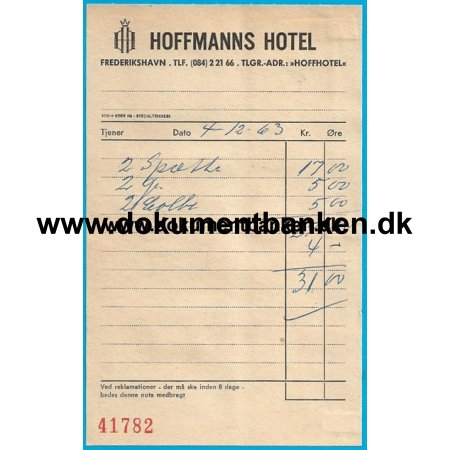 Hoffmanns Hotel Frederikshavn Regning 1963