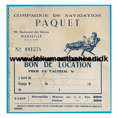 M/S Koutoubia Liggestolbillet Casablanca - Marseille 1959