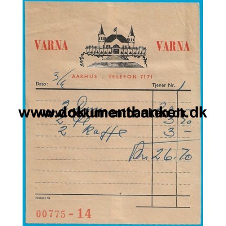 Varna Restaurant Aarhus Regning 1954