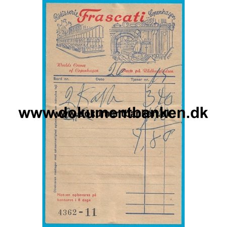 Restaurant Frascati Rdhuspladsen Regning 1954