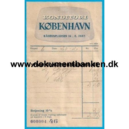 Konditori Kbenhavn Rdhuspladsen 16 Regning 1951