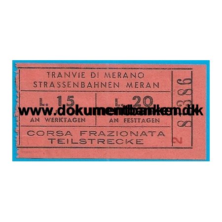 Sporvejbillet Merano Italien 1950