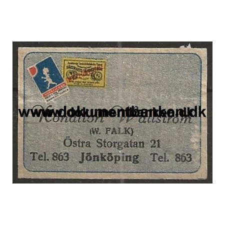 Konditori Wallstrm stra Storgatan 21 Jnkping Tndstikske etiket 1950