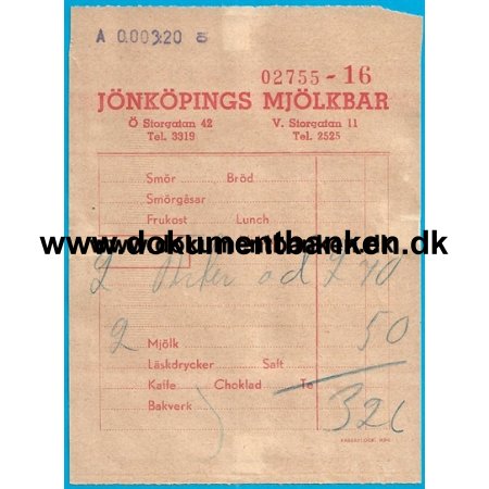 Jnkpings Mjlkbar Sverige Regning 1950