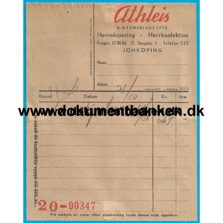 Athleis Herrkonfektion stra Storgatan 2 Jnkping Sverige Regning 1950