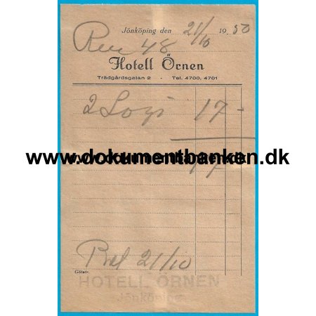 Hotel rnen Trdgrdsgatan 2 Jnkping Sverige  Hotelregning 1950