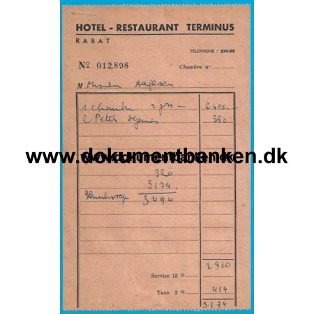 Hotel Restaurant Terminus Rabat Marokko Regning 1959