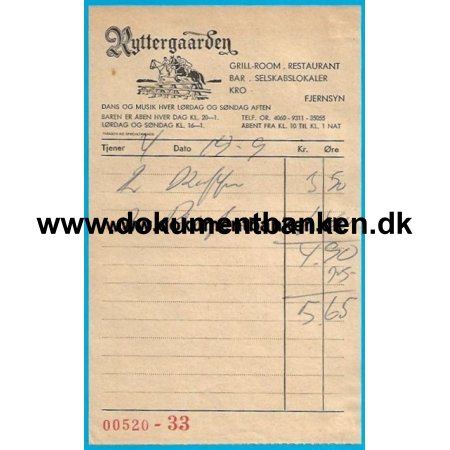 Ryttergaarden Restaurant Klampenborg Regning 1959