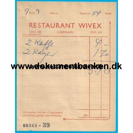 Restaurant Wivex Tivoli Kbenhavn Regning 1959