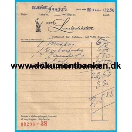 Hotel Landsoldaten Fredericia Regning 1963