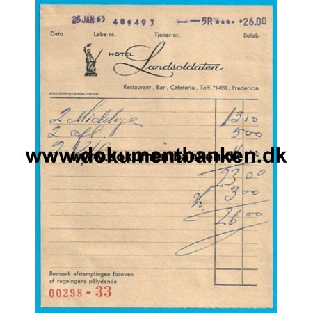 Hotel Landsoldaten Fredericia Regning 1963