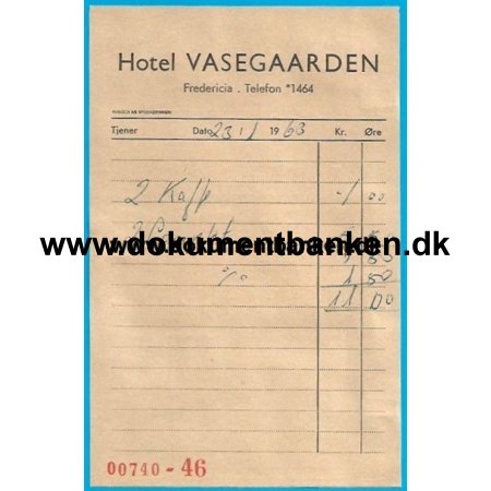 Hotel Vasegaarden Fredericia Regning 1963