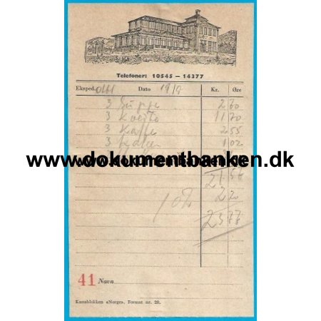 "Flien" Restaurant Bergen Norge Regning 1952