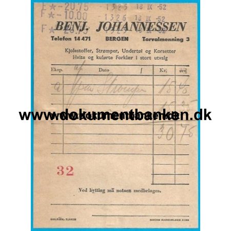 Benj. Johannesen Bergen Regning 1952