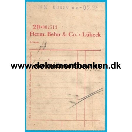 Herm. Behn & Co Lbeck Tyskland Regning 1952