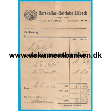 Rtskellerbetriebe Lbeck Tyskland Regning 1952