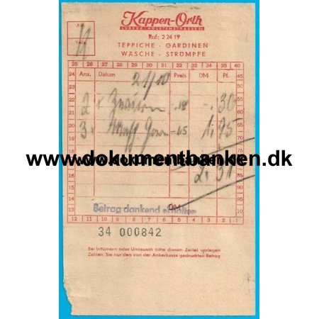 Kappen-Orth Holstenstrasse 26 Lbeck, Tyskland Regning 1952