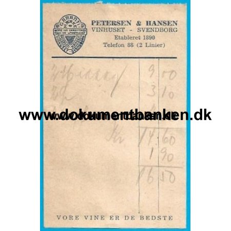 Vinhuset i Svendborg, Petersen & Hansen, Regning 1952