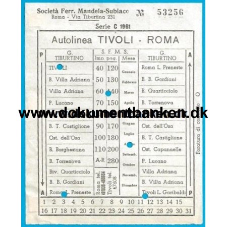 Busbillet Autolinea Tivoli - Roma Italien 1961