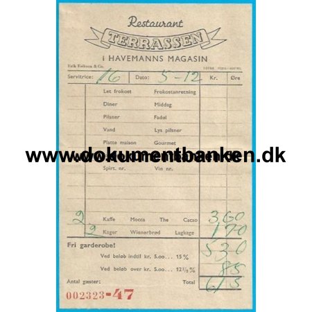 Restaurant Terassen i Havemanns Magasin Regning 1961