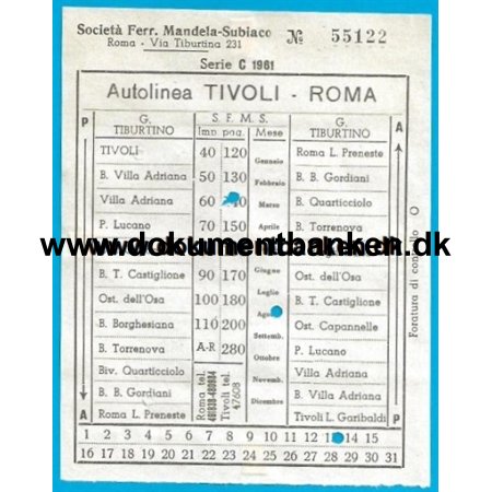 Busbillet Autolinea Roma - Tivoli Italien 1961