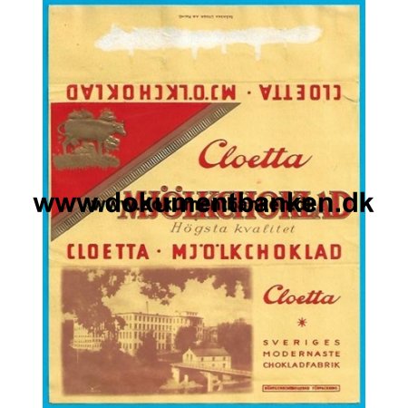 Cloetta Mjlkchoklad Chokoladeomslag Sverige 1946