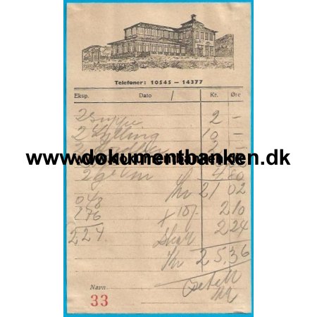 Flifjellet Restaurant Bergen Norge Regning 1946