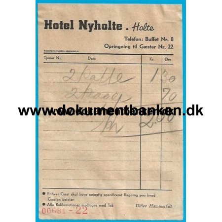 Hotel Nyholte Holte Regning 1944