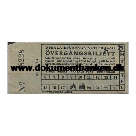 Upsala Sprvagn Aktiebolag vergngsbiljett 1946