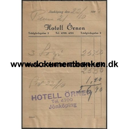 Hotel rnen Jnkping Sverige Hotelregning 1945