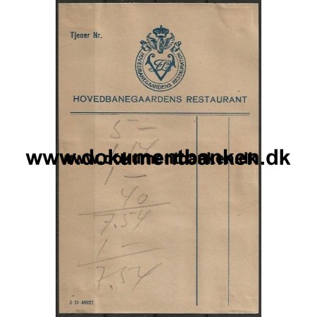 Hovedbanegaardens Restaurant Kbenhavn Regning 1947