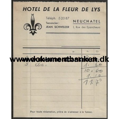 Hotel De La Fleur De Lys Hotelregning Neuchatel Schweiz 1947