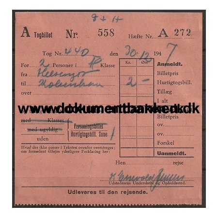 Togbillet Helsingr - Kbenhavn Jernbane 1947