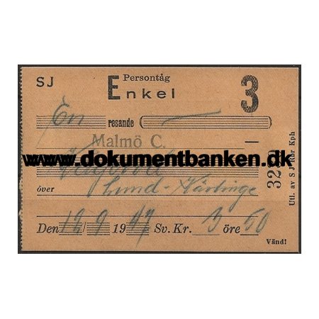 SJ Busbillet Malm - Kgerd 1947