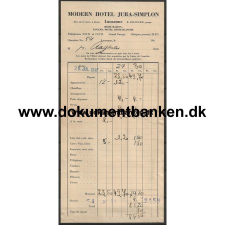 Modern Hotel Jura-Simplon Hotelregning Lausanne Schweiz 1947