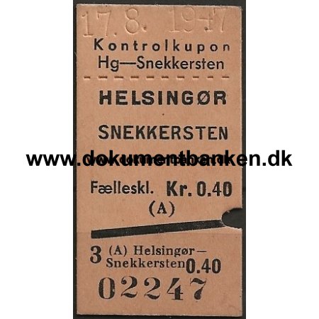 Togbillet Helsingr - Snekkersten Edmonsonsk 1947