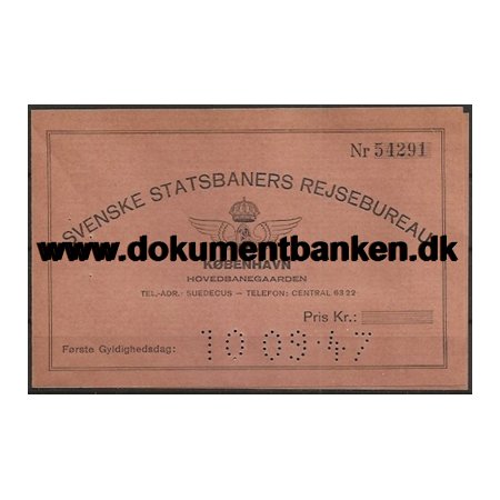 Svenske Statsbaner Rejsebureau Kbenhavn Billet Omslag 1947