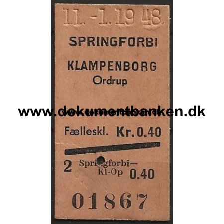 Togbillet Springforbi - Klampenborg Edmonsonsk 1948