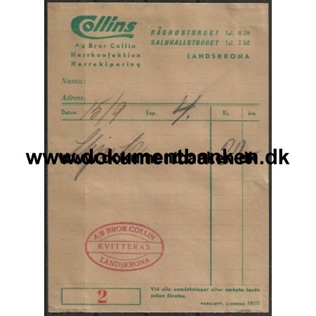 Collins Landskrona Regning 1947