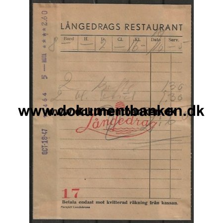 Lngedrags Restaurant Gteborg Regning 1947