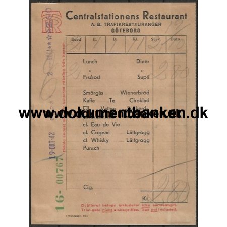 Centralstationens Restaurant Gteborg Regning 1947